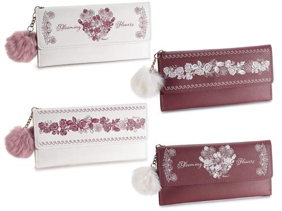 Womens leatherette wallet with Rose Hearts print and pomp